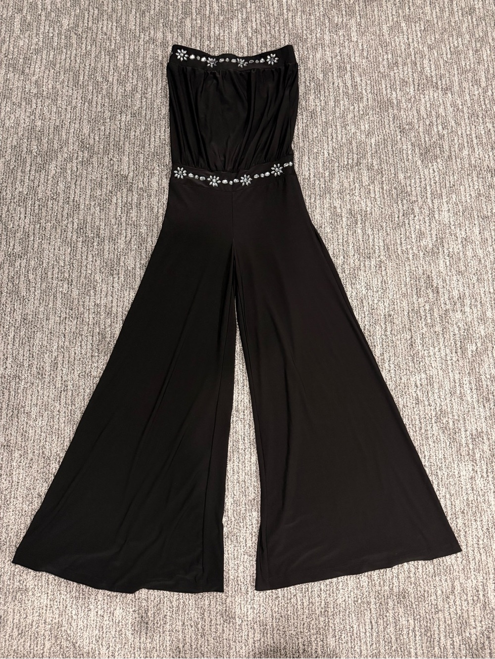 Costa Blanca size 4 Strapless Black Wide-Leg Jumpsuit with Floral Trim